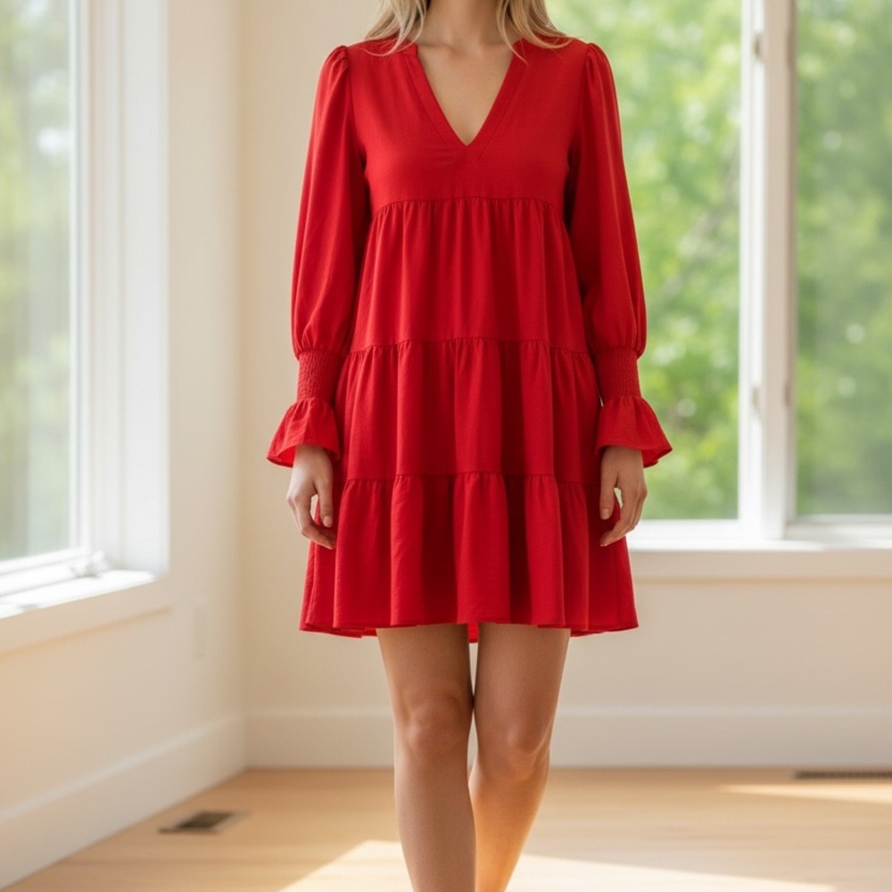 Flirty Pomander Place Tuckernuck Large Poppy Red V-Neck Dress with Smocked Cuffs